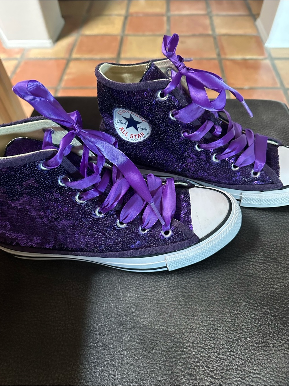 Converse Purple Sequin High Top Sneakers with Satin Laces - Picture 2 of 6